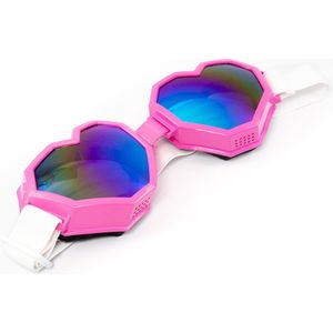 KIMU Goggles Hartjes Bril - Roze Wit Montuur - Blauwe Spiegelglazen - Steampunk Burning Man Blauw Holografisch Valentijn Liefde Spacebril Festival