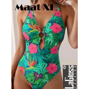 LaGloss® Groen Tropisch Bloemen Badpak - Zomer Beach Swimsuit - 1-delig - Maat XL %%