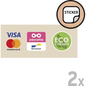 Pictogram/ stickers (2x) | 18 x 8 cm | Betaalmogelijkheden + Eco cheques | Visa/ Mastercard/ Maestro/ Bancontact/ PayConiq | Ecocheques | Betalen | Betaalopties | Sticker | 2 stuks