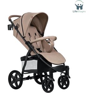 LifeStages - Plooibuggy Peuter - Kinderwagen tot 22 kg - Lichtgewicht - Met Één Hand Opvouwbaar - Verstelbare Rug/Voetsteun tot Ligstand - Grote Wielen - XXL Luifel - Voetenzak Klamboe - Veilig Comfortabel - Beige