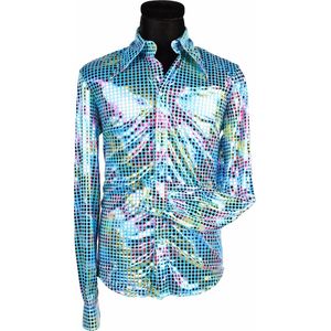 Overhemd Disco - Heren Blouse - Disco 80/90 - Hippie - Carnaval - Verkleedkleding - Turquoise - Maat L