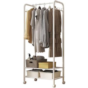 unho Metalen kledingrek met wielen - Modern kledingrek met 2 planken - 150 cm hoog kledingrek voor het ophangen van kleding - Hangstang voor kleine ruimtes - Wit