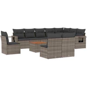 The Living Store 11-delige Loungeset met kussens poly rattan grijs - Loungebank - Lounge Set - Tuinmeubels - Buitendecoratie - Tuinstoel