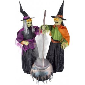 Totally Halloween | 2 Heksen met ketel | Witches with Cauldron | Animatronic | Beweging + Licht + Geluid | 180 cm