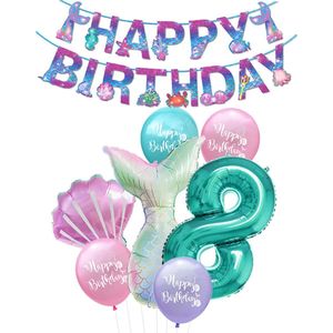 Cijfer ballon 8 Turquoise - Zeemeermin - Mermaid - Meermin - Plus Ballonnen Pakket - Kinderfeestje - Verjaardag Slinger - Snoes