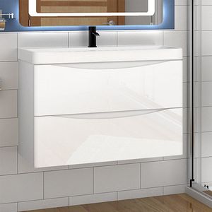 Badkamermeubel 80 cm hoogglans wit badmeubel met kunstmarmer wastafel,soft-close functie