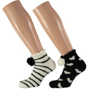 Apollo - Lage bedsokken - Bedsokken dames - Zwart-Wit - One Size - Winter sokken - Fluffy sokken - Warme sokken - Bedsokken