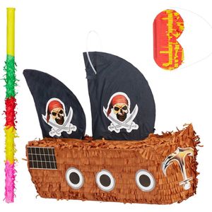 Relaxdays 3-delige pinata set piratenschip - pinata stok - blinddoek - Piniata piraat