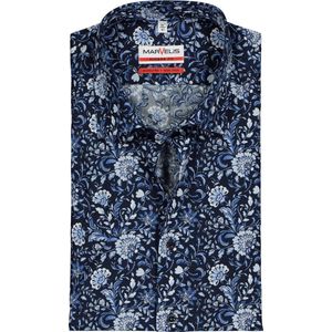 MARVELIS modern fit overhemd - korte mouw - popeline - blauw bloemen dessin - Strijkvrij - Boordmaat: 42