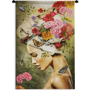 Wandkleed - Vrouw - Bloemen - Vlinder - Hoofddoek - Groen - Muurkleed - Katoen - Woondecoratie - Woonkamer - Wandtapijt - 120x180 cm - Tapestry - Wandkleden voor binnen - Muurdecoratie - Wandkleden - Wanddoek