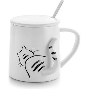 Kattenmok, koffiekopje, theekopje met deksel en lepel, keramiek met schaduw kattenmotief 3D-start, cadeau voor kattenliefhebbers, kattenbezitters, collega's, vriendinnen, kinderverjaardag