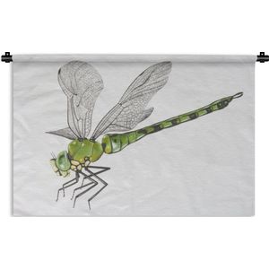 Wandkleed Libelle illustratie - Een illustratie van een groene libelle op een witte achtergrond Wandkleed katoen 150x100 cm - Wandtapijt met foto