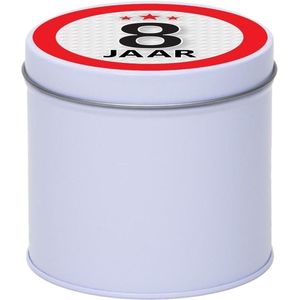 Cadeau/kado wit rond blik 8 jaar 10 cm - Snoepblikken - Cadeauverpakking voor verjaardag/jubileum