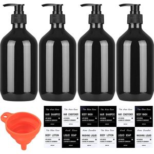 4-Delige Set Lege Shampoo en Zeepdispensers 500 ml - Herbruikbare Plastic Flessen met Pomp voor Badkamer en Keuken - Inclusief Trechter en Etiketten - Zwart