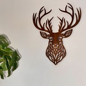 Houten rendierhoofd hert - 35cm hoog x 29cm breed - wand decoratie - voor aan de muur of op een deur - walnoot kleur