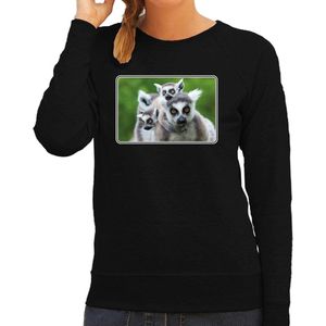 Dieren sweater met maki apen foto - zwart - voor dames - natuur / ringstaart maki cadeau trui - kleding / sweat shirt S