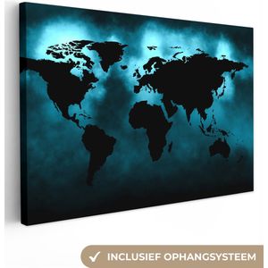 Canvas Wereldkaart - 90x60 - Wanddecoratie Wereldkaart - Zwart - Blauw