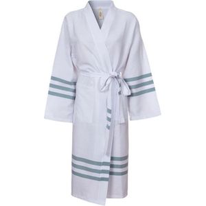Lalay Hamam Badjas Bala Sultan White Almond Green - L - hamam kimono badjas - ochtendjas - sauna badjas - zomer badjas - middellang - dun