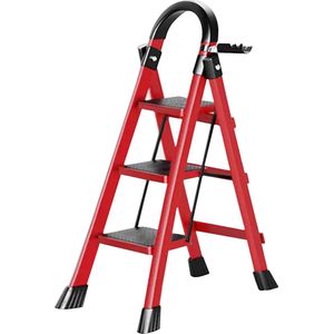 Huishoudtrap 3 treden - keukentrap - Inklapbar/opvouwbar - antislip - 150kg Draagkracht - Max werkhoogte: 258 cm - Rood