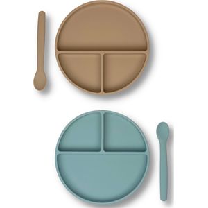 Kids Cultures - Baby Bord met Zuignap en Lepel - Kinderbord, Kinderservies, Baby Servies, Babybestek - 100% Siliconen BPA-vrij - Oven, Vriezer en Vaatwasserbestendig - Duo Set Taupe + Blauw