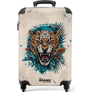 NoBoringSuitcases.com® - Handbagage koffer lichtgewicht - Reiskoffer trolley - Beige met jaguar - Rolkoffer met wieltjes - Past binnen 55x40x20 en 55x35x25