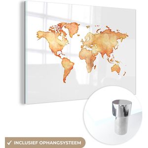 MuchoWow® Glasschilderij 180x120 cm - Schilderij acrylglas - Wereldkaart - Oranje - Waterverf - Foto op glas - Schilderijen