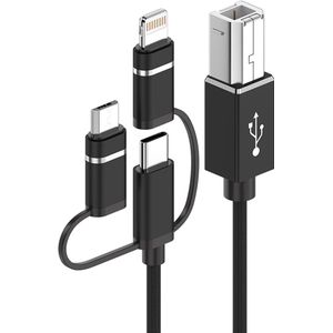 3 IN 1 - 8-Pin (Lightning) + USB-C + Micro-USB naar USB-B MIDI (Micro-B) kabel adapter voor o.a. keyboard en printer - 1 Meter - zwart