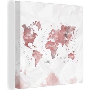 Canvas Wereldkaart - 20x20 - Wanddecoratie Wereldkaart - Waterverf - Rood