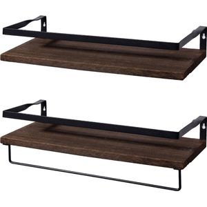 Uten Zwevende Wandplank - 2 Stuks - Handdoekhouder - Industrieel - Hout - Bruin/Zwart