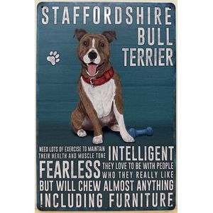 Staffordshire Bull Terrier hond Eigenschappen Reclamebord van metaal METALEN-WANDBORD - MUURPLAAT - VINTAGE - RETRO - HORECA- BORD-WANDDECORATIE -TEKSTBORD - DECORATIEBORD - RECLAMEPLAAT - WANDPLAAT - NOSTALGIE -CAFE- BAR -MANCAVE- KROEG- MAN CAVE
