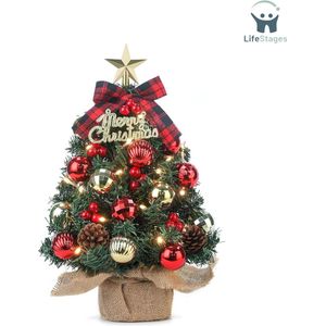 LifeStages - Kant en Klare Kerstboom - Mini-kerstboom - Kleine Kerstboom met Verlichting - LED - Tafelkerstboom - Kunstmatig Versierd voor Kerstdecoratie - 40 cm - Rood met Goud