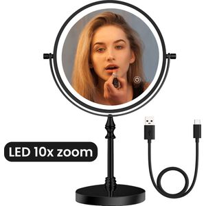 Donjo - Make Up Spiegel met Led Verlichting - 10X Vergroting - Staande Spiegel Rond - Scheerspiegel Staand - 3 Lichtstanden - Mat Zwart