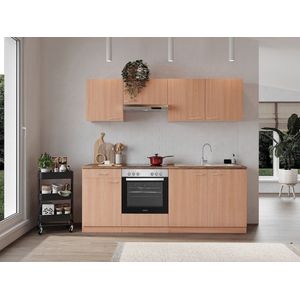 Goedkope keuken 210  cm - complete keuken met apparatuur Gerda  - Beuken/Beuken  - keramische kookplaat  - afzuigkap - oven  - spoelbak