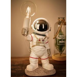 BRUBAKER Astronauten tafellamp - 40 cm ruimte bedlampje met E27-fitting en USB-C stekker - handbeschilderd ruimtevaart decoratiebeeldje - wit en zilver