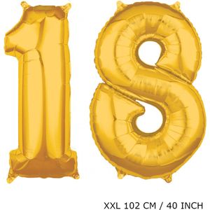 Mega grote XXL gouden folie ballon cijfer 18 jaar. leeftijd verjaardag 18 jaar. 115 cm 40 inch. Met rietje om ballonnen mee op te blazen.