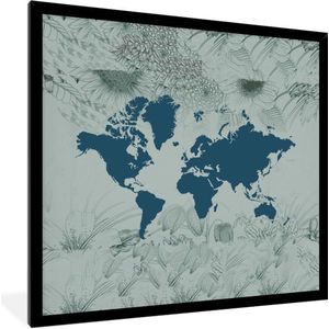 Fotolijst incl. Poster - Wereldkaart - Blauw - Bloem - 40x40 cm - Posterlijst