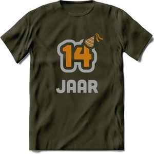14 Jaar Feest T-Shirt | Goud - Zilver | Grappig Verjaardag Cadeau Shirt | Dames - Heren - Unisex | Tshirt Kleding Kado | - Leger Groen - XXL