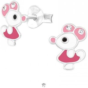 Oorbellen meisje | Zilveren kinderoorbellen | Zilveren oorstekers, muis met jurkje en kristallen