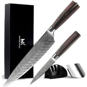 Master Knives Koksmes 20 cm + Groentemes – Met Slijper en Vingerbeschermer – Vlijmscherp Japans Mes - Messenset