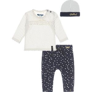 Dirkje Bio Basic SET(3delig) Blauw HARTJES broekje , Off white stip shirt en mutsje - Maat 56