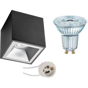 Opbouwspot Set - LEDVANCE Parathom PAR16 930 36D - Pragmi Cliron Pro - GU10 Fitting - Dimbaar - Opbouw Vierkant - Mat Zwart/Zilver - 3.4W - Warm Wit 3000K - Verdiept - 90mm