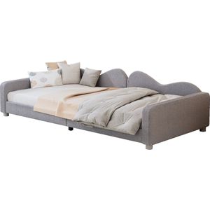 Merax Teddy Stof Kinderbed 90x200 cm - Gestoffeerd Sofa Bed - Multifunctioneel Slaapbank met Rugleuning en Armleuningen - Logeerbed - Grijs