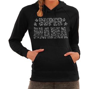 Glitter Super Mama hoodie zwart met steentjes/ rhinestones voor dames - Trui met capuchon - Moederdag cadeaus - Glitter kleding/ foute party outfit L