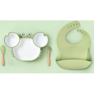 Silicone kinderservies met een zuignap onder het bord - 4 delig - groen - baby servies set  - kinderbestek - kinderbord - baby servies - baby bestek - krab