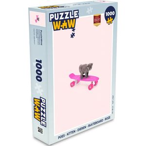 Puzzel Poes - Kitten - Dieren - Skateboard - Roze - Legpuzzel - Puzzel 1000 stukjes volwassenen