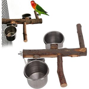 Inovra ® Vogels voederbak 22 cm papegaaien houten standaard en roestvrijstalen bak, voederdispenser zitstokken combinaties vogelkooi feeder voor kleine middelgrote parkieten parkiet valkparkiet