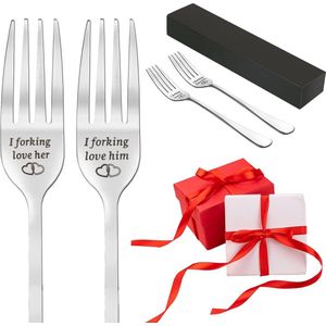 Roestvrijstalen Diner Vorken met Geschenkdoos, Set van 2 Tafelvorken-""I Forking Love Her/Him"" Cadeau voor Vrouwen, Mannen, Valentijnsdag, Kerstmis, Jubileum, Verjaardag (Zilver)