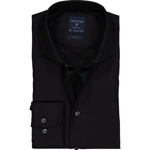 Profuomo slim fit overhemd - fine twill - zwart - Strijkvrij - Boordmaat: 44