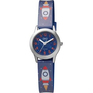 Q&Q QC29J325Y - Horloge - Analoog - Kinderen - Mannen - Plastic band - Rond - Cijfers - Metaal - Ruimte - Donkerblauw - Zilverkleurig - Rood