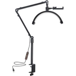 LED Video Lamp 10W, Dimbare Halvemaanlamp, 3200K-5600K, LED Vloerlamp voor Wimpers met USB Kabel, C Klem, Statief voor Vloggen, Schoonheidssalon, Make-up, Bedlampje